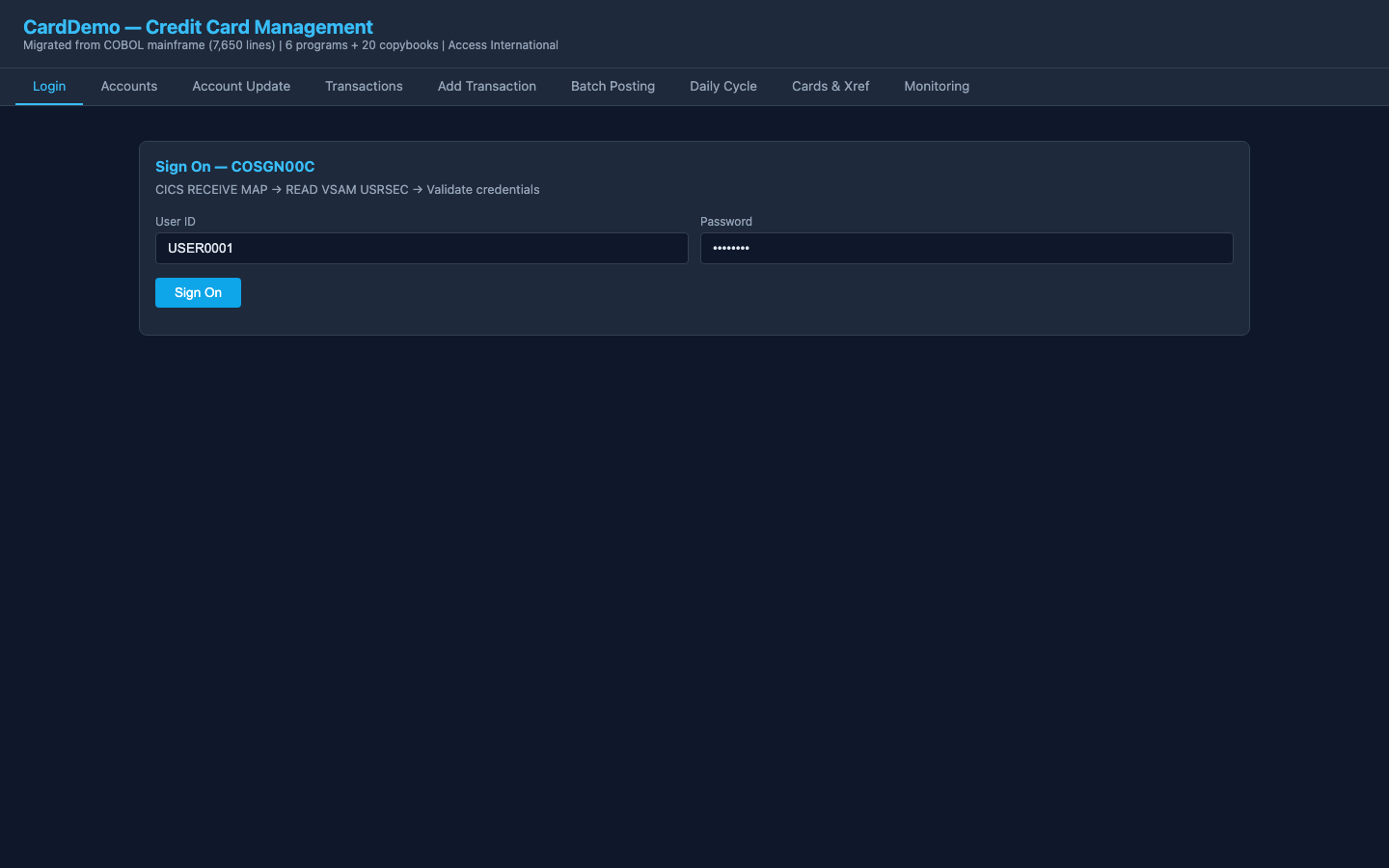 CardDemo — Credit card management